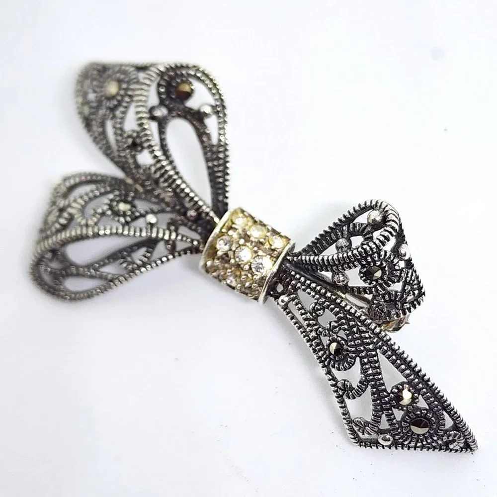 Vintage Sterling Silver Rhinestone and Marcasite Accent Bow Pin Brooch